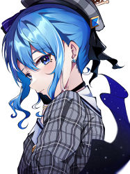 1girl absurdres beret black_choker blue_eyes blue_hair bracelet choker commentary_request earrings hat highres hololive hoshimachi_suisei hoshimachi_suisei_(1st_costume) jacket jewelry long_sleeves pension_z plaid_clothes plaid_jacket sidelocks simple_background solo star_(symbol) star_earrings star_in_eye symbol_in_eye virtual_youtuber white_background  rating:General score:4 user:danbooru