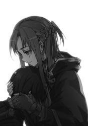 1boy 1girl asuna_(sao) bunbun earrings fingerless_gloves gloves greyscale head_on_chest highres jewelry kirito long_hair monochrome novel_illustration official_art shell shell_earrings simple_background smile sword_art_online sword_art_online_progressive upper_body white_background rating:Sensitive score:8 user:danbooru