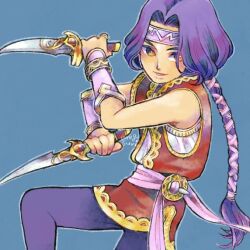  1boy artist_name black_pants blue_background braid dagger dual_wielding fighting_stance gold_trim hawkeye_(seiken_densetsu_3) headband holding holding_dagger holding_knife holding_weapon knife male_focus megsuri orange_eyes pants parted_bangs parted_lips purple_hair red_tunic sash seiken_densetsu seiken_densetsu_3 short_hair_with_long_locks single_braid smile solo tunic waist_sash weapon white_undershirt 