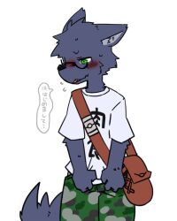  blue_shorts blush commentary fangs furry furry_male glasses highres original pizademokttero right-to-left_comic shirt shorts solo speech_bubble t-shirt white_background 