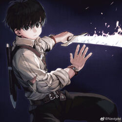 1boy absurdres belt black_eyes black_hair black_pants blue_background brown_belt collared_shirt cowboy_shot expressionless fighting fire flaming_sword flaming_weapon from_side highres holding holding_sword holding_weapon jun_(navigavi) looking_at_viewer looking_to_the_side original pants sheath shirt short_hair solo sword unsheathed watermark weapon weibo_watermark white_shirt wristband rating:General score:10 user:danbooru