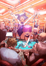 4girls 6+boys animal_ears arms_up baccarat baccarat_table bandaged_arm bandaged_leg bandages black_hair black_leotard blonde_hair blue_hair blush_stickers breasts card casino casino_card_table cat_ears commentary cup detached_collar drinking_glass earrings closed_eyes faceless faceless_female faceless_male fake_animal_ears gambling highres indoors jewelry kittysuit leaning_forward leotard long_hair money multiple_boys multiple_girls nontraditional_playboy_bunny open_mouth original pink_eyes pink_hair playboy_bunny playing_card poker_chip rabbit_ears rabbit_girl rabbit_tail reoen short_hair slot_machine small_breasts strapless strapless_leotard table tail translation_request wine_glass wrist_cuffs rating:Sensitive score:20 user:danbooru