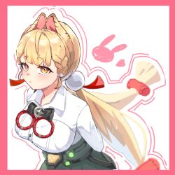  1girl absurdres alice_thymefield animal_ears blonde_hair border breasts collared_shirt commentary_request expressionless green_skirt heart heterochromia highres kisaragi_shu long_hair long_sleeves looking_at_viewer pink_border rabbit_ears rabbit_girl red_eyes shirt simple_background skirt sphere_hair_ornament twintails upper_body white_background white_shirt yellow_eyes zenless_zone_zero 