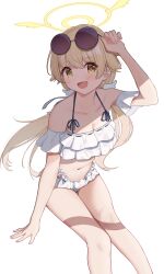  1girl absurdres adjusting_eyewear bikini blue_archive eyewear_on_head frilled_bikini frills hair_ornament halo hand_on_eyewear hifumi_(blue_archive) hifumi_(swimsuit)_(blue_archive) highres jing_(947728534) loli low_twintails off-shoulder_bikini off_shoulder official_alternate_costume open_mouth ribbon-trimmed_bikini ribbon-trimmed_swimsuit ribbon_trim round_eyewear ruffle_bikini smile solo sunglasses swimsuit twintails white_background white_bikini wing_hair_ornament winged_halo yellow_halo 