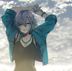  1girl aqua_jacket arms_up asakura_toru black_dress blue_eyes blue_hair blush breasts cloud commentary_request dress earrings gradient_hair idolmaster idolmaster_shiny_colors jacket jewelry looking_at_viewer medium_breasts multicolored_hair open_clothes open_jacket open_mouth outdoors parted_bangs purple_hair ribbed_shirt shirt short_hair shotan solo upper_body white_shirt 