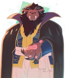  1boy black_cape cape claws closed_mouth commentary commission english_commentary fangs fangs_out furry furry_male highres horns leonhart_(niehime) lion_mane looking_at_viewer male_focus morganramune niehime_to_kemono_no_ou open_hand pawpads popped_collar red_eyes 