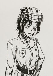  1girl belt belt_buckle belt_collar beret breast_pocket buckle chain character_request choker collar collared_coat cowboy_shot eyelashes greyscale hand_on_own_hip hat highres kohanai_setsuna long_sleeves looking_at_viewer lower_teeth_only monochrome nib_pen_(medium) nikki_(series) open_mouth pen_(medium) photo_(medium) plaid_hat pocket pointy_nose shining_nikki short_hair sleeve_cuffs solo studded_belt teeth traditional_media 