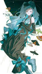  1girl absurdres aqua_eyes aqua_hair black_dress black_gloves bow bug butterfly caicaicaicai_ni_caicai dress earrings elbow_gloves gloves hat hatsune_miku highres holding holding_umbrella insect jewelry long_hair looking_at_viewer original polka_dot polka_dot_legwear ribbon socks solo twintails umbrella very_long_hair white_background 