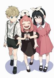  1boy 2girls ^_^ aged_down anya_(spy_x_family) black_dress black_hair black_shoes black_shorts blonde_hair blue_eyes bond_(spy_x_family) bow bow_hairband child closed_eyes collared_dress commentary_request dog dress facing_viewer family father_and_daughter full_body hairband highres locked_arms looking_at_another mother_and_daughter multiple_girls p_notninjin pink_dress pink_hair shadow shirt shirt_tucked_in shoes shorts simple_background socks spy_x_family suspender_shorts suspenders sweat teeth time_paradox twilight_(spy_x_family) twitter_username upper_teeth_only white_background white_bow white_hairband white_shirt white_socks yor_briar 
