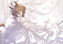  1girl absurdres adjusting_clothes adjusting_gloves agnes_tachyon_(umamusume) ahoge alternate_costume alternate_hairstyle animal_ears bow bowtie breasts brown_hair brown_tail cleavage collarbone commentary curtains dress ear_ornament frilled_dress frills gloves hair_between_eyes highres horse_ears horse_girl horse_tail long_dress looking_down medium_hair messy_hair puffy_short_sleeves puffy_sleeves short_sleeves signature solo tail tenagaebi umamusume veil white_background white_bow white_bowtie white_dress white_gloves white_veil wrist_bow 