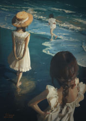  3girls arms_behind_back barefoot beach black_hair bow braid child dated dress female_focus hand_on_own_hip hand_on_own_neck hat hat_bow highres multiple_girls original outdoors own_hands_together realistic running shadow signature single_braid standing twin_braids water waves white_dress xiaobanbei_milk  rating:Sensitive score:19 user:Dweenie