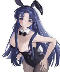  1girl absurdres alternate_costume animal_ears asakura_ryoko black_bow black_bowtie black_leotard blue_eyes blue_hair bow bowtie breasts closed_mouth detached_collar fake_animal_ears fake_tail highres large_breasts leotard long_hair parted_bangs playboy_bunny pollonia rabbit_ears rabbit_tail simple_background smile solo standing strapless strapless_leotard suzumiya_haruhi_no_yuuutsu tail very_long_hair white_background 