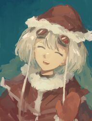  1girl absurdres closed_eyes cropped_torso goggles goggles_on_head hat highres kornod looking_at_viewer medium_hair open_mouth original santa_hat solo teeth upper_body upper_teeth_only white_hair 