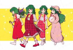  4girls :d ankle_socks ascot baggy_pants bobby_socks capelet chain clock closed_mouth dress floating frilled_dress frilled_nightgown frills full_body green_eyes green_hair hair_over_one_eye hat holding holding_clock holding_rod holding_umbrella kazami_yuuka kazami_yuuka_(seihou) kinosaki kioh_gyoku long_hair long_sleeves lotus_land_story medium_hair multiple_girls mystic_square nightcap nightgown open_mouth oversized_object pants phantasmagoria_of_flower_view pink_capelet pink_dress pink_hat pink_nightgown plaid_clothes plaid_pants plaid_skirt plaid_vest pocket_watch pom_pom_(clothes) puffy_pants puffy_short_sleeves puffy_sleeves red_eyes red_pants rod seihou short_sleeves skirt smile socks standing touhou touhou_(pc-98) umbrella very_long_hair vest walking watch wavy_hair white_socks wings yellow_ascot 