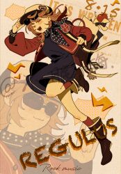  1girl ;d ankle_boots apple apple_(reverse:1999) artist_name backpack bag black_bow black_bowtie black_footwear blue_dress blue_neckerchief boots bow bowtie brown_hair bumian_mei newsboy_cap character_name dated dress english_text eyewear_on_head food fruit full_body halftone halftone_background hand_up hat highres holding_strap jacket leg_up long_sleeves looking_at_viewer multiple_views neckerchief one_eye_closed open_bag open_mouth orange_eyes polka_dot_neckerchief puffy_long_sleeves puffy_sleeves red_jacket red_socks regulus_(reverse:1999) reverse:1999 running short_dress smile socks sunglasses traditional_bowtie watermark yellow_background 