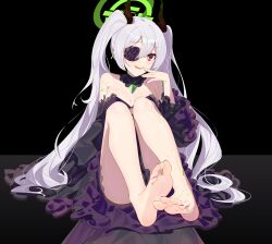 1girl barefoot ddt_(darktrident) eyepatch feet grey_hair highres light_blush long_hair looking_at_viewer open_mouth original red_eyes soles toes touhou touhou_ayaria_epic twintails rating:Sensitive score:16 user:ssfl