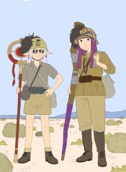  2girls absurdres bag blue_sky bottle breasts brown_jacket canteen closed_mouth combat_helmet commission day desert earrings elf fern_(sousou_no_frieren) floating_earring frieren full_body goggles goggles_on_head grass green_shirt green_socks hand_on_own_hip handbag hat helmet highres holding holding_staff italian_army italy jacket jewelry kingdom_of_italy long_hair long_sleeves looking_at_viewer mage_staff military military_hat military_uniform mountain multiple_girls obergrenwillie parted_bangs pocket pointy_ears purple_eyes purple_hair sand shirt short_sleeves sky smile smirk socks sousou_no_frieren staff sunglasses teardrop_earrings tumbleweed twintails water_bottle white_hair world_war_ii 