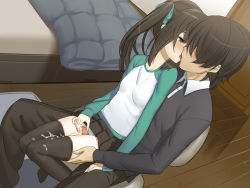 1boy 1girl aqua_eyes bed bedroom black_hair black_thighhighs blush breasts brother_and_sister censored cum cum_on_body cum_on_clothes cum_on_legs cum_on_lower_body dutch_angle french_kiss hair_over_eyes hair_ribbon hetero highres incest kiss kyoudai_no_jouji_jijou_2 loli long_sleeves mosaic_censoring no_shoes original osaru_(yuuen-dou) panties penis raglan_sleeves ribbon shino_(osaru) siblings sitting sitting_on_lap sitting_on_person skirt small_breasts thigh_sex thighhighs thighs twintails underwear zettai_ryouiki rating:Explicit score:593 user:danbooru