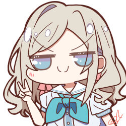  &gt;:) 1girl blue_dress blue_eyes blue_neckerchief c: ceras_yanagida_lilienfeld closed_mouth dress grey_hair hair_ribbon hasu_no_sora_school_uniform highres jitome link!_like!_love_live! long_hair looking_at_viewer love_live! neckerchief oofushi_ao pink_ribbon puffy_short_sleeves puffy_sleeves ribbon sailor_collar sailor_dress school_uniform short_sleeves signature simple_background smile solo split_mouth summer_uniform upper_body v v-shaped_eyebrows virtual_youtuber white_background white_sailor_collar 