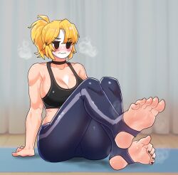  1girl 2024 alternate_costume arm_support ass black_choker black_nails black_pants black_sports_bra blonde_hair borrowed_character breasts choker commentary commission dalsegno english_commentary feet feet_up female_focus flustered foreshortening hair_over_one_eye highres indoors large_breasts locket_white_(bakalorin) mario_(series) muscular muscular_female nail_polish nintendo original pants shy_gal sitting soles solo sports_bra steam stirrup_legwear sweat swept_bangs thick_thighs thighs tight_clothes tight_pants toe_scrunch toeless_legwear toenail_polish toenails toned toned_female wavy_mouth white_mask yoga_pants 