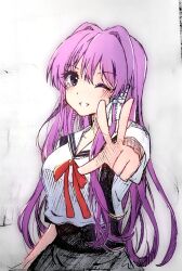  1girl ;d arm_at_side black_skirt blush clannad commentary_request cowboy_shot eyelashes fujibayashi_kyou grin hair_intakes hair_ribbon happy hikarizaka_private_high_school_uniform long_hair looking_at_viewer one_eye_closed open_mouth outstretched_arm purple_eyes purple_hair red_ribbon ribbon sailor_collar school_uniform serafuku shirt short_sleeves sidelocks simple_background sketch skirt smile solo straight_hair suiryuu_(suiryu_47) suspender_skirt suspenders traditional_media tress_ribbon very_long_hair w white_background white_ribbon white_sailor_collar white_shirt 