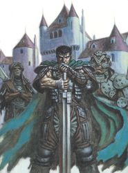  3boys armor berserk black_hair cape castle day facing_viewer feet_out_of_frame guts_(berserk) helmet highres holding holding_sword holding_weapon male_focus miura_kentarou multiple_boys official_art outdoors planted planted_sword planted_weapon scan silat standing sword turban weapon 