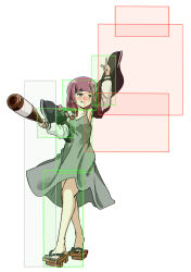  1girl arm_up bare_shoulders black_jacket black_nails blunt_bangs blush bocchi_the_rock! bottle bow closed_mouth collarbone dress fighting_game fingernails full_body geta green_bow green_dress hair_bow heel_up highres hiroi_kikuri hitbox holding holding_bottle jacket long_hair long_sleeves low-braided_long_hair low-tied_long_hair medium_dress multicolored_jacket nail_polish nose_blush off_shoulder open_clothes open_jacket pink_eyes pink_hair reiuji_utsuho sake_bottle simple_background smile solo toenail_polish toenails tongue tongue_out too_many_watermarks torako_(toramaru) touhou touhou_hisoutensoku twitter_username two-tone_dress two-tone_jacket watermark white_background white_jacket 
