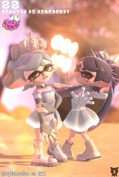  2girls beach black_choker black_hair black_sleeves blurry blurry_background boots bow-shaped_hair callie_(grand_festival)_(splatoon) callie_(splatoon) choker colored_tongue commentary_request elbow_gloves fang frilled_skirt frills full_body gloves grey_corset grey_hair hat highres holding_hands inkling long_hair looking_at_viewer marie_(grand_festival)_(splatoon) marie_(splatoon) mole mole_under_eye multicolored_hair multiple_girls nintendo off-shoulder_shirt off_shoulder official_alternate_costume okome_2g2g one_eye_closed open_mouth pointy_ears sand shirt short_hair simple_background skirt sleeveless sleeveless_shirt splatoon_(series) splatoon_3 star-shaped_pupils star_(symbol) suction_cups swept_bangs symbol-shaped_pupils tentacle_hair text_focus thick_eyebrows twintails two-tone_hair very_long_hair white_gloves white_hat white_shirt yellow_eyes 