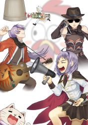  2girls 4boys acoustic_guitar ahoge arch_bishop_(ragnarok_online) bell black_footwear black_gloves black_necktie black_scarf black_shirt blazer boots bow brown_cape brown_footwear brown_gloves brown_headwear brown_skirt buubuu_(loli69) cape cat_boy chicken_mask chinese_commentary closed_eyes coat collared_shirt commentary_request dress dress_bow elbow_gloves fedora feet_out_of_frame fingerless_gloves frilled_dress frilled_sleeves frills furry furry_male genetic_(ragnarok_online) gloves green_shirt green_shorts guillotine_cross_(ragnarok_online) guitar hairband hat holding holding_megaphone instrument jacket joya_no_kane kuso_miso_technique long_hair mary_janes masked megaphone minstrel_(ragnarok_online) multiple_boys multiple_girls music necktie official_alternate_costume open_mouth playing_instrument ponytail purple_hair purple_hairband ragnarok_online ranger_(ragnarok_online) red_cape red_coat red_dress red_shirt scarf shirt shoes short_hair shorts skirt sleeveless sleeveless_shirt smile summoner_(ragnarok_online) sunglasses thighhighs triangle_(instrument) two-sided_cape two-sided_fabric white_background white_dress white_hair white_jacket white_thighhighs yaranaika yellow_bow 