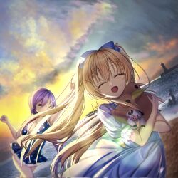 &gt;_&lt; 2girls :d ^_^ backlighting blonde_hair blue_one-piece_swimsuit blue_skirt blurry blurry_background casual_one-piece_swimsuit clenched_hand closed_eyes cloud cloudy_sky commentary_request corrupted_twitter_file cowboy_shot crossed_arms dutch_angle facing_viewer floating_clothes floating_hair hair_between_eyes hair_ornament happy hatsupainting high-waist_skirt highres holding holding_stuffed_toy lighthouse long_hair long_skirt low_ponytail mizuori_shizuku multiple_girls ocean official_alternate_costume one-piece_swimsuit open_mouth outdoors polka_dot polka_dot_swimsuit ponytail puffy_short_sleeves puffy_sleeves purple_hair shirt shore short_sleeves sidelocks skirt sky smile solo_focus stuffed_animal stuffed_bird stuffed_cow stuffed_toy summer_pockets sunlight sunset swimsuit tsumugi_wenders twintails very_long_hair white_shirt x_hair_ornament 