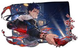  1boy bead_bracelet beads blue_hair bracelet building commentary cu_chulainn_(fate) cu_chulainn_(fate/stay_night) cu_chulainn_(honkai:_star_rail)_(fate) daijanaikedo earrings fate/stay_night fate_(series) gae_bolg_(fate) grin hair_tubes holding holding_behind_back holding_polearm holding_weapon holding_weapon_behind_back honkai:_star_rail honkai_(series) jewelry looking_at_viewer looking_back male_focus night polearm ponytail ratingg:g red_eyes smile solo teeth translation_request twitter_username upper_body weapon white_fur 