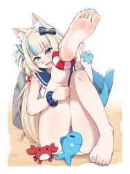  1girl animal_ear_fluff animal_ears aqua_bikini aqua_hair aqua_nails artist_name barefoot bikini blonde_hair blue_bow blue_eyes blush bow cat_ears commentary crab fang feet feet_up fins fish_girl fish_tail foot_focus hair_bow highres holding_seashell indie_virtual_youtuber lifebuoy_hair_ornament long_hair looking_at_viewer lululewd multicolored_hair nail_polish open_mouth paid_reward_available sameko_saba sameko_saba_(fish) sand soles solo streaked_hair striped_bikini striped_clothes swimsuit tail toenail_polish toenails toes v very_long_hair virtual_youtuber 