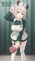  1futa animal_ears animal_penis apron apron_pocket blush breasts collared_shirt contrast_collar dress english_text erection feet_out_of_frame futanari green_dress green_eyes grey_hair hat highres horse_penis huge_penis indie_virtual_youtuber large_breasts leaning_forward long_sleeves looking_at_viewer microdress name_tag nimi_nightmare nurse nurse_cap open_mouth penis precum rounded_collar shirt shirt_under_dress solo standing tapir_ears tapir_girl testicles thighhighs unusual_penis virtual_youtuber white_apron white_thighhighs zoryc 
