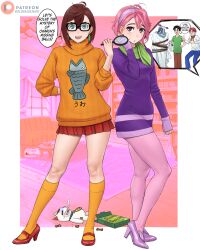  2girls 3boys absurdres alien animal_print ayase_momo blue_pants border bound brown_eyes brown_hair brown_pants commentary cosplay dandadan daphne_blake daphne_blake_(cosplay) dismaiden dress earrings english_commentary english_text enjoji_jin fish_print fred_jones fred_jones_(cosplay) full_body glasses green_shirt hairband highres holding holding_magnifying_glass image_in_speech_bubble jewelry kneehighs magnifying_glass multiple_boys multiple_girls neckerchief orange_socks orange_sweater outside_border pants pantyhose patreon_logo patreon_username pink_hair pleated_skirt purple_dress purple_footwear purple_hairband purple_pantyhose red_neckerchief red_skirt rope scooby-doo scooby_snack serpo_(dandadan) shaggy_rogers shaggy_rogers_(cosplay) shiratori_aira_(dandadan) shirt skirt sleeves_past_wrists socks speech_bubble standing sweater t-shirt takakura_ken_(dandadan) tied_up_(nonsexual) turbo_granny_(dandadan) turtleneck turtleneck_sweater velma_dinkley velma_dinkley_(cosplay) white_border white_shirt 