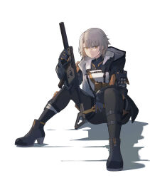  1girl absurdres black_pants boots full_body girls&#039;_frontline gloves grey_hair highres hood hooded_jacket jacket jishou_kusaboukun knife looking_at_viewer medium_hair pants pouch sitting solo vector_(girls&#039;_frontline) weapon_request white_background yellow_eyes 