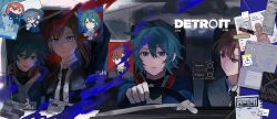  1boy 1girl alternate_costume alternate_eye_color alternate_universe android aqua_eyes aqua_hair bags_under_eyes bar_chart beanie black_jacket black_necktie black_shirt blazer blood blue_blood blue_jacket chibi chibi_inset chidouin_sara closed_mouth collared_shirt copyright_name detroit:_become_human diagram driving english_text floating_hair formal_clothes gloves graph hair_between_eyes hat headphones headphones_around_neck high_ponytail highres hiyori_sou holographic_interface hood hoodie jacket jacket_over_hoodie kimi_ga_shine layered_clothes light_frown long_hair looking_at_another looking_at_viewer looking_to_the_side multiple_views necktie note orange_hair paper parody parted_bangs photo_(object) pie_chart ponytail purple_eyes red_eyes shirt short_hair side_part sidelocks single_sidelock straight_hair suit sweatdrop turtleneck upper_body white_gloves white_hoodie white_shirt yellowmao0509 