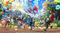  3boys 3girls ambipom backpack bag bagon balloon baseball_cap beldum black_gloves blanche_(pokemon) bonsly brown_hair brown_legwear budew building bush candela_(pokemon) cherrim cherrim_(sunshine) cherubi clenched_hand cloud copyright_name croagunk dark_skin dated day drifblim drifloon eevee fangs female_protagonist_(pokemon_go) fingerless_gloves fire flame-tipped_tail floating_hair flying garchomp gen_1_pokemon gen_3_pokemon gen_4_pokemon gen_5_pokemon gen_7_pokemon gible gloves grotle hand_up hat holding holding_pokemon lapras legendary_pokemon lickilicky long_hair long_sleeves looking_up male_protagonist_(pokemon_go) meltan mewtwo milotic mime_jr. monferno multiple_boys multiple_girls mythical_pokemon nintendo official_art open_mouth oshawott outdoors pants pantyhose pikachu pokemon pokemon_(creature) pokemon_go prinplup running salamence shinx shoes sidelocks sky smile snivy spark_(pokemon) spinda tail taillow team_rocket_grunt teeth tepig three-quarter_sleeves togekiss tongue tree visor_cap watermark professor_willow 