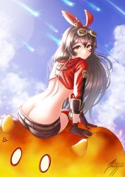 1girl absurdres amber_(genshin_impact) anger_vein ass belt breasts brown_hair brown_shorts butt_crack chernyyvo cropped_jacket from_behind genshin_impact gloves goggles goggles_on_head hair_ribbon highres long_sleeves looking_back ribbon short_shorts shorts sitting underboob yellow_eyes rating:Sensitive score:103 user:danbooru