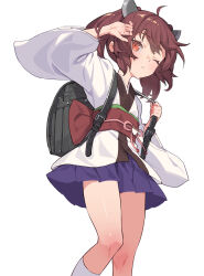  1girl ahoge ankle_socks backpack bag black_bag blush brown_hair closed_mouth feet_out_of_frame flat_chest hand_up headgear highres japanese_clothes kimono looking_at_viewer obi one_eye_closed purple_skirt sash short_hair short_kimono short_yukata skirt socks solo touhoku_kiritan voiceroid white_background white_kimono white_socks yamamomo_(plank) yukata 