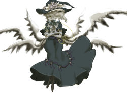  1girl blonde_hair boots bow braid chain crossed_arms dress female_focus gloves hair_bow hat kirisame_marisa kirisame_marisa_(seihou) long_hair monet nuu ribbon seihou solo touhou wings witch witch_hat yellow_eyes 