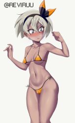  1girl absurdres alternate_costume bea_(pokemon) bikini black_hairband blonde_hair blush bow_hairband breasts breath cameltoe collarbone commentary english_commentary eyelashes grey_eyes hair_between_eyes hairband hands_up highres looking_down navel nintendo orange_bikini paid_reward_available pokemon pokemon_swsh reviruu short_hair side-tie_bikini_bottom small_breasts solo swimsuit twitter_username 