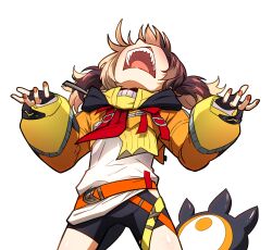  1girl black_gloves black_shorts blonde_hair brown_hair cropped_hoodie ddolbang fingerless_gloves gigi_murin gigi_murin_(1st_costume) gloves highres hololive hololive_english hood hoodie multicolored_hair open_mouth orange_hoodie orange_nails sharp_teeth shirt shorts solo tail teeth textless_version transparent_background twintails two-tone_hair virtual_youtuber white_shirt wryyyyyyyyyyyyyyyyyyyy 