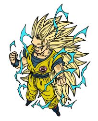  1boy blonde_hair blue_shirt clenched_hands closed_mouth dougi dragon_ball dragonball_z electricity fenyon full_body green_eyes highres long_hair male_focus muscular muscular_male no_eyebrows pants shirt simple_background smirk solo son_goku spiked_hair white_background yellow_pants yellow_shirt 