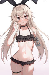  1girl absurdres alternate_costume anchor_hair_ornament bikini bikini_skirt black_hairband blonde_hair breasts commentary_request cowboy_shot frilled_bikini frills gradient_background grey_eyes groin hair_ornament hairband highres kantai_collection long_hair lowleg lowleg_bikini mizuki_(uzuki_no_sato) navel parted_hair shimakaze_(kancolle) simple_background small_breasts solo swimsuit thigh_gap white_background 