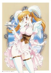  1girl border breasts covered_erect_nipples cowboy_shot cup dress head_wings holding holding_tray juliet_sleeves kimura_takahiro large_breasts long_hair long_sleeves multiple_wings non-web_source open_mouth orange_eyes orange_hair original outside_border pink_dress puffy_sleeves solo teacup tray twintails underbust white_border wings wrist_cuffs 