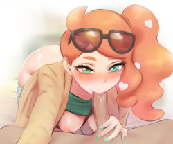 1boy 1girl ahoge all_fours asymmetrical_hair between_breasts black-framed_eyewear blue_pants blush breasts brown_jacket censored clothed_female_nude_male clothes_lift clothes_pull completely_nude eyewear_on_head fellatio green_eyes green_nails green_shirt hair_ornament half-closed_eyes hanging_breasts heart heart_hair_ornament hetero highres jacket long_hair long_sleeves looking_at_viewer medium_breasts mosaic_censoring nail_polish nintendo nipples nose_blush nude open_clothes open_jacket open_mouth oral orange_hair pants pants_pull penis_grab pokemon pokemon_swsh red-tinted_eyewear shiny_skin shirt shirt_lift shpo side_ponytail sidelocks solo_focus sonia_(pokemon) spread_legs strap_between_breasts sunglasses tinted_eyewear rating:Explicit score:286 user:AngryZapdos