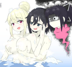  3girls absurdres artist_name black_hair blonde_hair blush breasts completely_nude convenient_censoring couple garethue8 grabbing_another&#039;s_breast green_eyes groping hair_bun hand_on_another&#039;s_face highres kuro_(ninkoro) kusagakure_ayaka large_breasts long_hair medium_hair multiple_girls navel ninja_to_koroshiya_no_futarigurashi nude open_mouth partially_submerged pink_eyes same-sex_bathing shared_bathing simple_background smile steam steam_censor yuri yuriko_(ninkoro) 