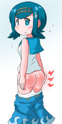  1girl alternate_color ass bare_arms bare_shoulders blue_eyes blue_hair closed_mouth clothes_pull crying female_focus from_behind gradient_background hairband keyneq lana_(pokemon) loli looking_at_viewer looking_back nintendo panties pants pants_pull panty_pull pokemon pokemon_(anime) pokemon_sm pokemon_sm_(anime) shiny_skin shirt solo standing sweat underwear wavy_mouth white_panties white_shirt 