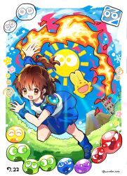  1girl ^_^ arle_nadja armor artist_name birthday blue_boots blue_eyes blue_skirt blue_sky boots border brown_eyes brown_hair carbuncle_(puyopuyo) closed_eyes cloud commentary dated fire flower grass green_eyes grey_eyes highres ice ice_cube kuroda_(kuro_yyy) looking_at_viewer magic open_mouth outdoors pink_flower ponytail purple_eyes puyo_(puyopuyo) puyopuyo pyrokinesis red_eyes shirt short_ponytail shoulder_armor skirt sky slime_(creature) smile snowflakes spiral standing standing_on_one_leg sun sun_with_face teeth tower twitter_username upper_teeth_only volcano white_border white_shirt wristband yellow_eyes yellow_flower 