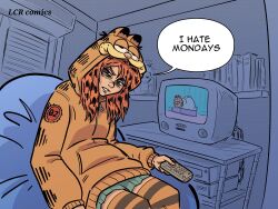  1girl alternate_hair_color annoyed artist_name bean_bag_chair blue_eyes catchphrase commentary controller cosplay english_text garfield garfield_(character) green_shorts highres holding hood hoodie jar kigurumi lcr_comics neon_genesis_evangelion orange_hair orange_hoodie orange_thighhighs rei_chikita remote_control shelf shorts solo souryuu_asuka_langley speech_bubble spotted_hair striped_clothes striped_thighhighs television thighhighs  rating:General score:9 user:danbooru